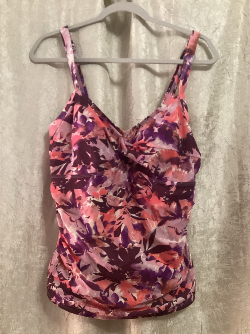 L.L. Bean Floral Twist-Front Tankini Swim Top in Purple and Pink